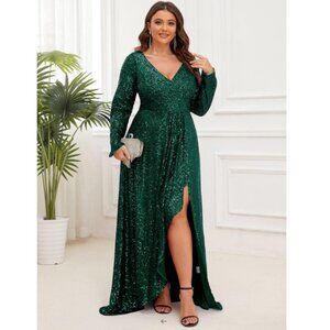 Ever Pretty Plus Size Sequin V-Neck Long Sleeve High Slit Bodycon Evening Dress